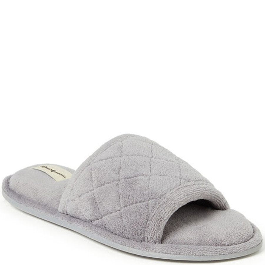 Gray quilted slide sandal on a white background