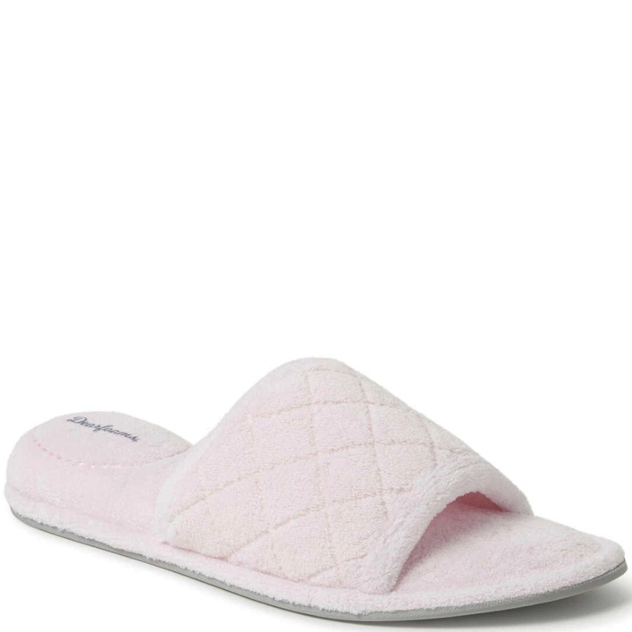 Pink quilted slide sandal on a white background