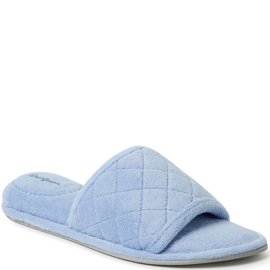 Light blue quilted slipper on a white background