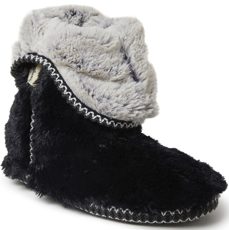 Black and gray fuzzy slipper boot on a white background