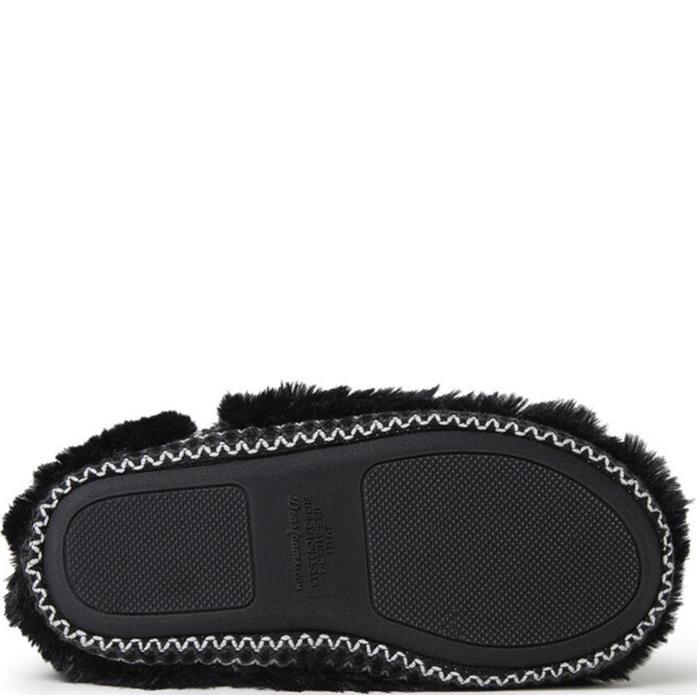 Black slipper with fuzzy trim on a white background