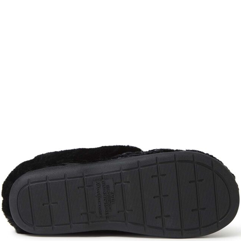 Black slipper with textured sole on a white background