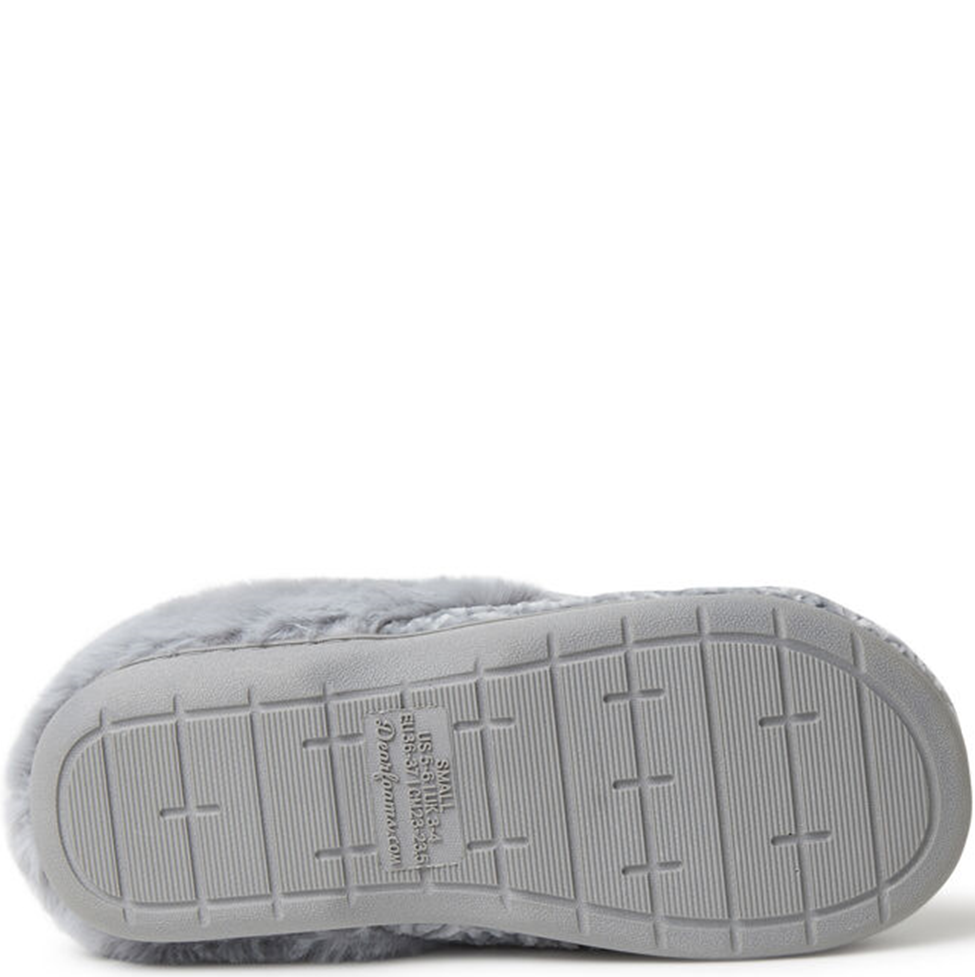 Gray slipper with textured sole on a white background