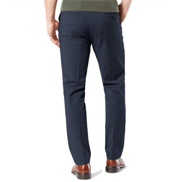 Navy blue pants worn by a person on a white background