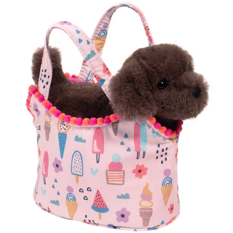 Plush dog toy in a colorful ice cream patterned basket on a white background