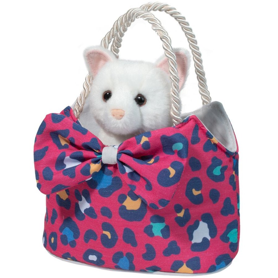 White cat toy inside a pink leopard print bag with a white handle on a white background