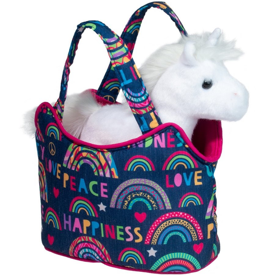 Colorful bag with rainbow patterns and text, containing a white unicorn toy on a white background