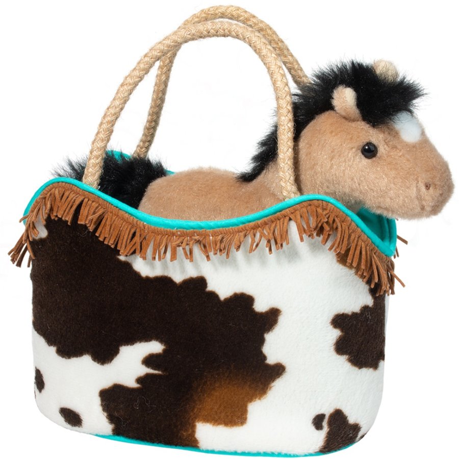 Plush horse toy inside a cow print bag with turquoise trim on a white background