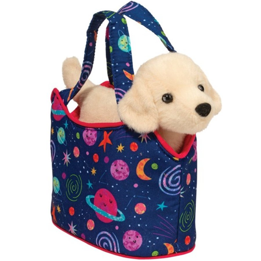 Plush toy bear in a space-themed bag on a white background
