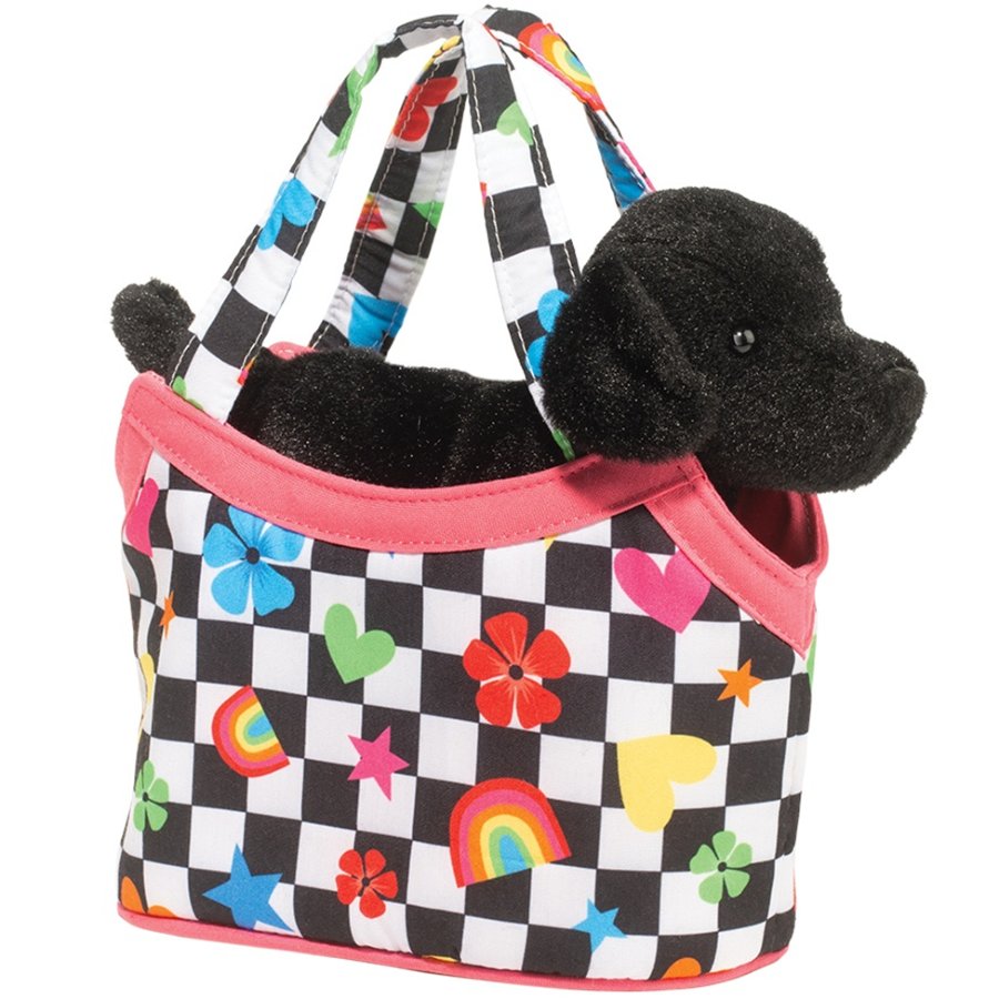 Checkered bag with colorful patterns and a plush dog toy inside on a white background
