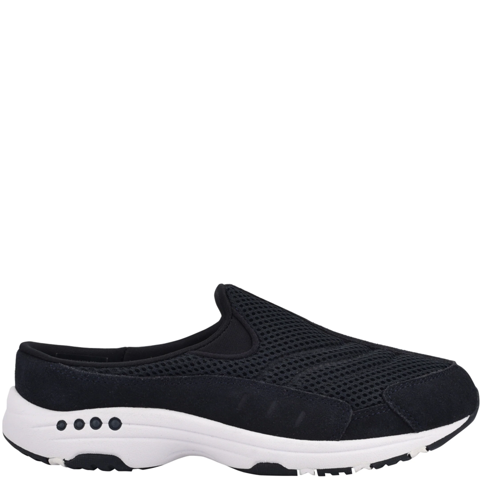 Black slip-on shoe with white sole on a white background