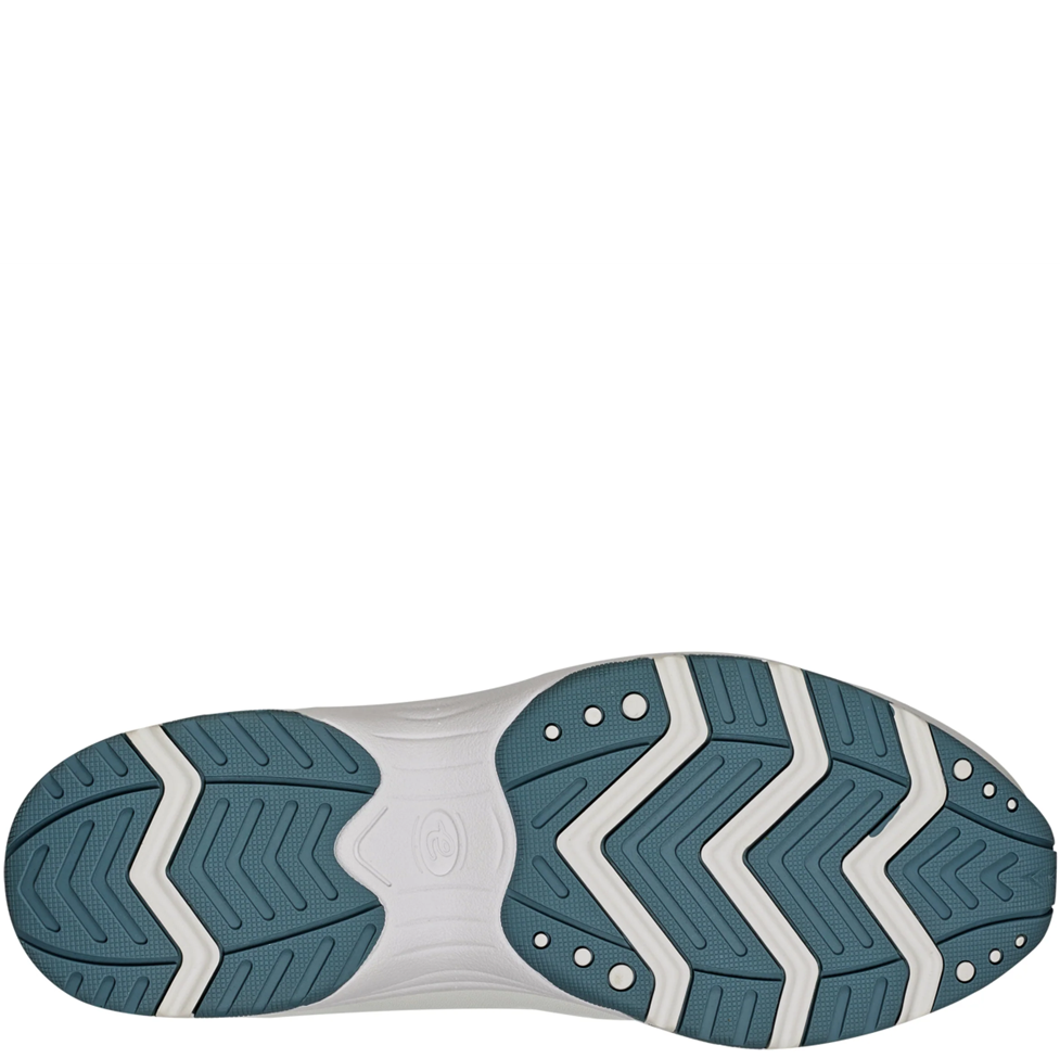 Close-up of a shoe sole with a white and blue tread pattern on a white background