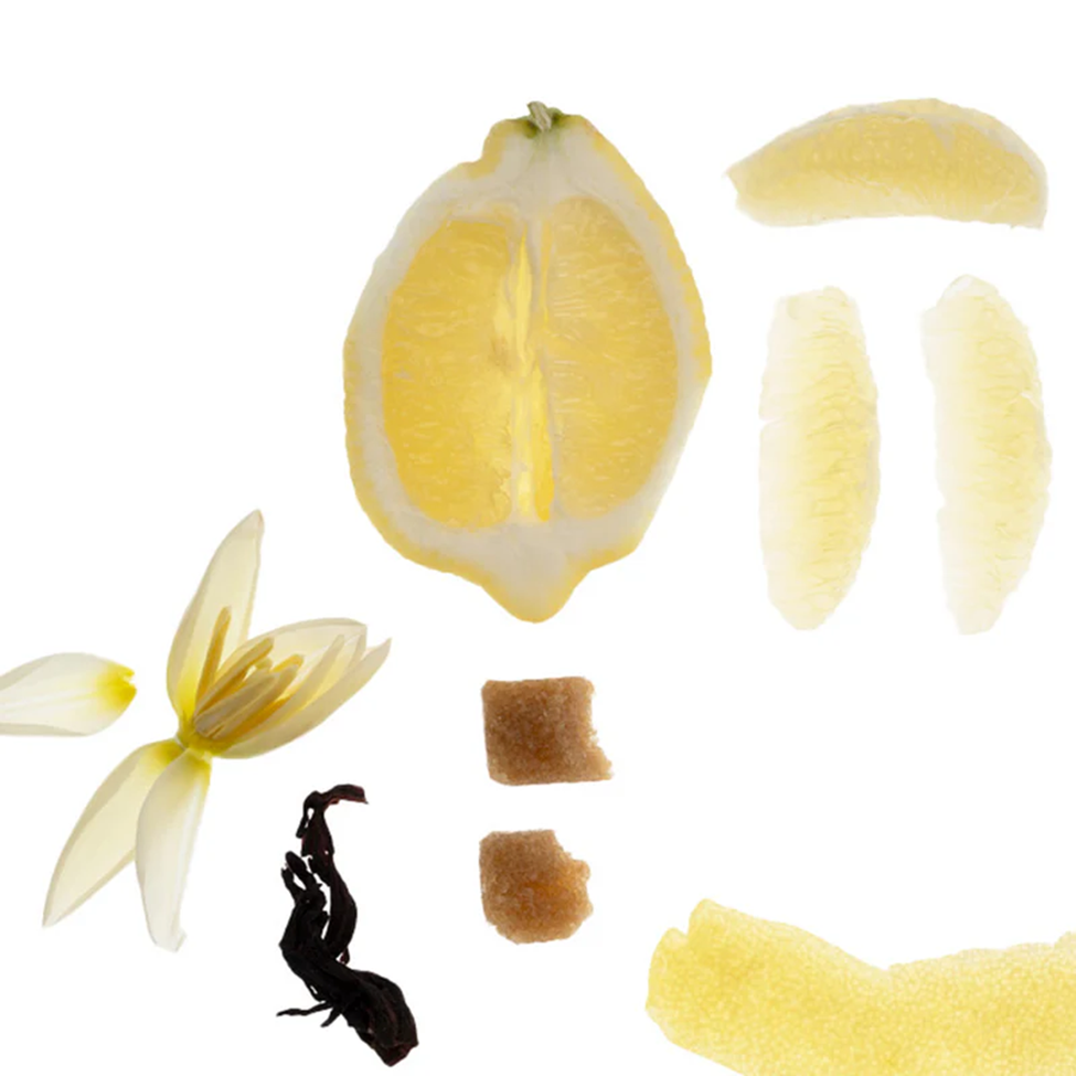 Lemon with various parts displayed on a white background