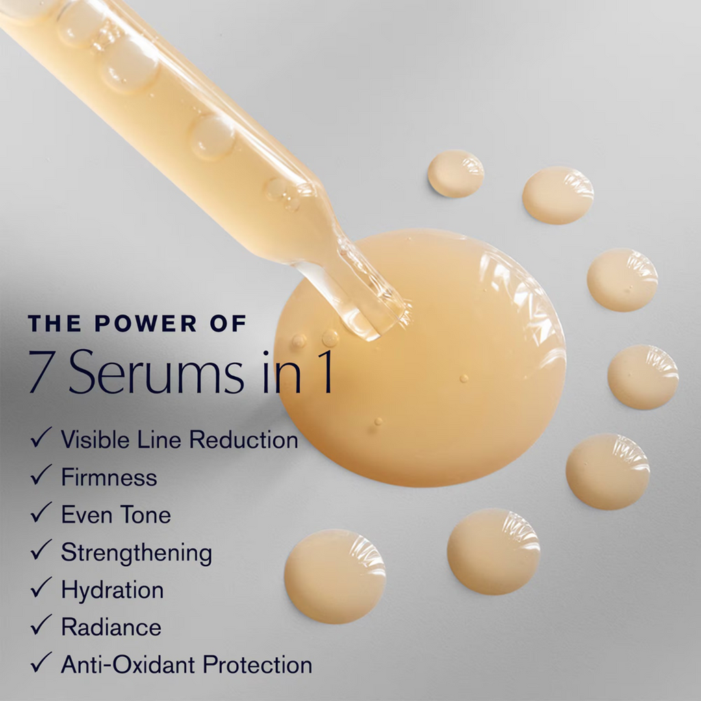 Cosmetic serum with droplets and text highlighting its benefits on a gray background