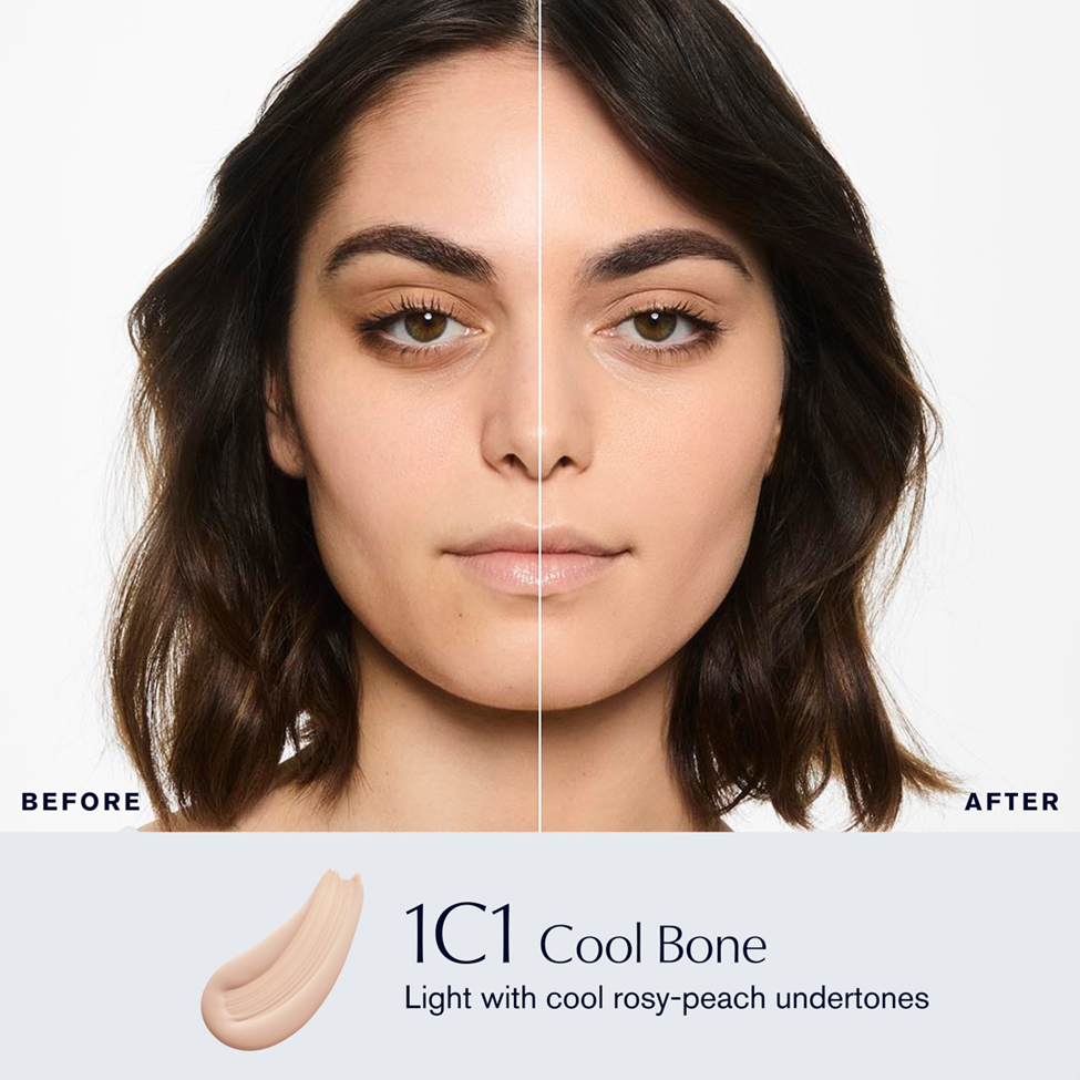Before and after comparison of a woman's face with makeup shade 1C1 Cool Bone displayed.