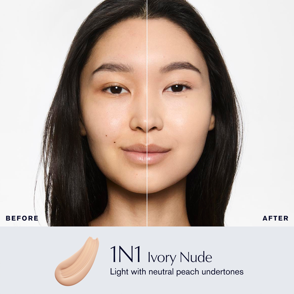 Before and after comparison of a woman's face with '1N1 Ivory Nude' makeup application.