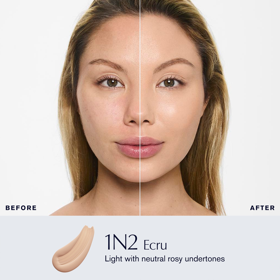 Before and after comparison of a woman's face with 1N2 Ecru makeup swatch.
