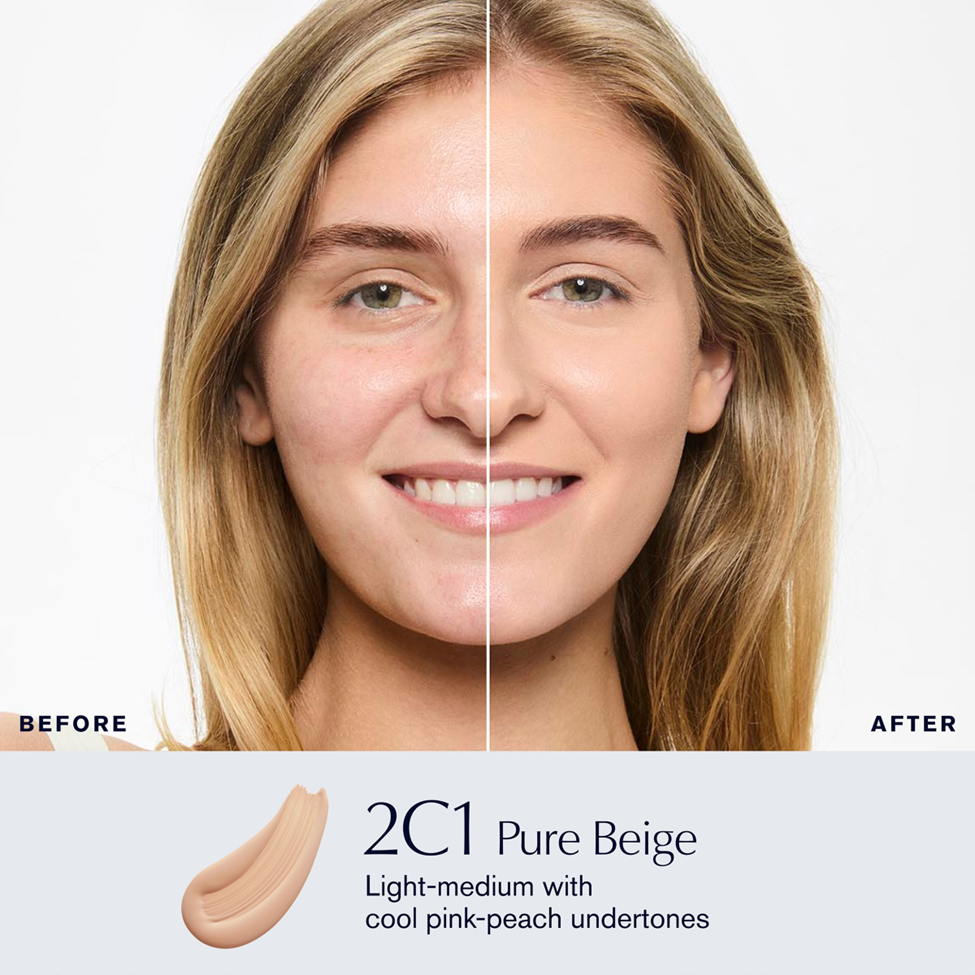 Before and after comparison of a woman's face with 2C1 Pure Beige makeup swatch.