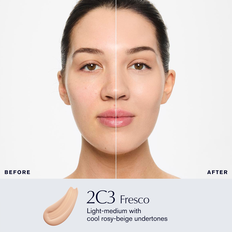Before and after comparison of a woman's face with '2C3 Fresco' makeup swatch.