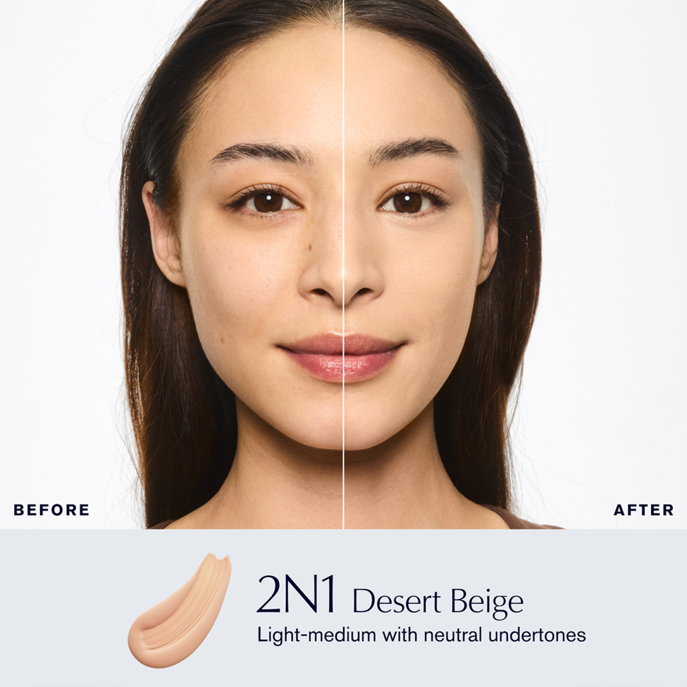 Before and after comparison of a woman's face with 2N1 Desert Beige makeup application.