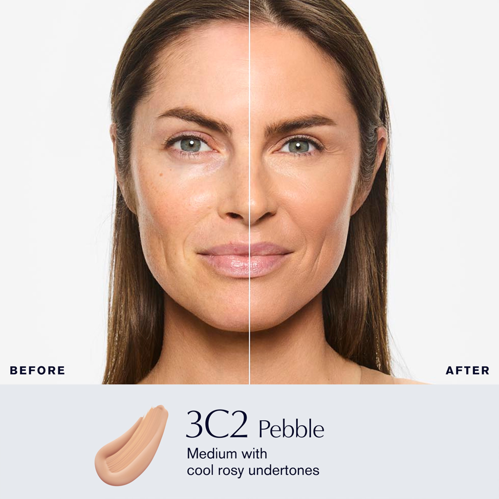 Before and after comparison of a woman's face with 3C2 Pebble makeup color swatch.