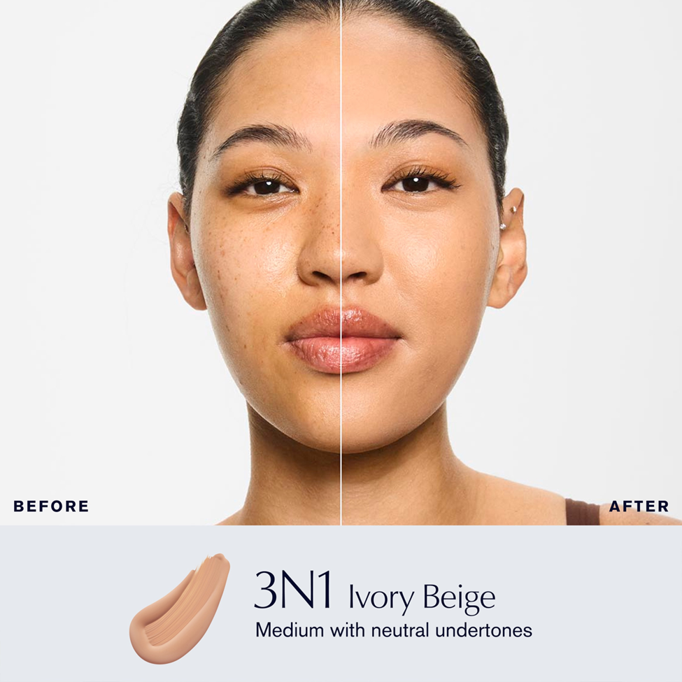 Before and after comparison of a woman's face with 3N1 Ivory Beige makeup application.