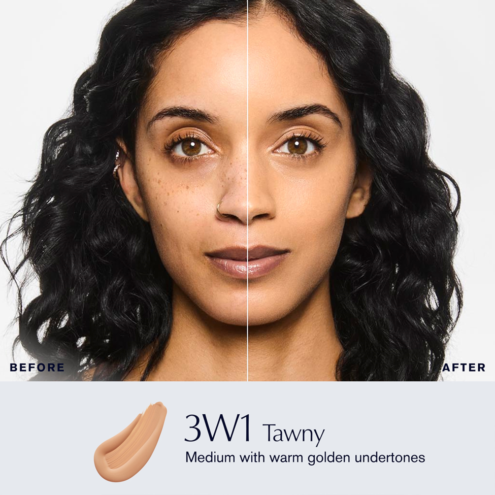 Before and after comparison of a woman's face with 3W1 Tawny makeup swatch.