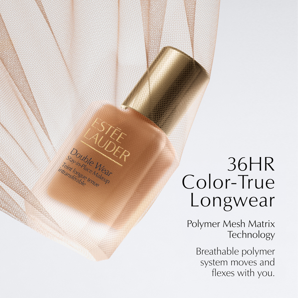 Estée Lauder foundation bottle with text about 36HR Color-True Longwear on a light background