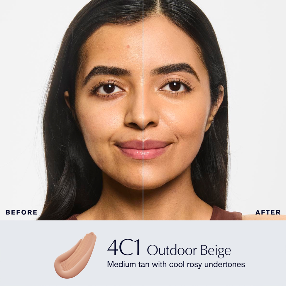 Before and after comparison of a woman's face with 4C1 Outdoor Beige makeup swatch.