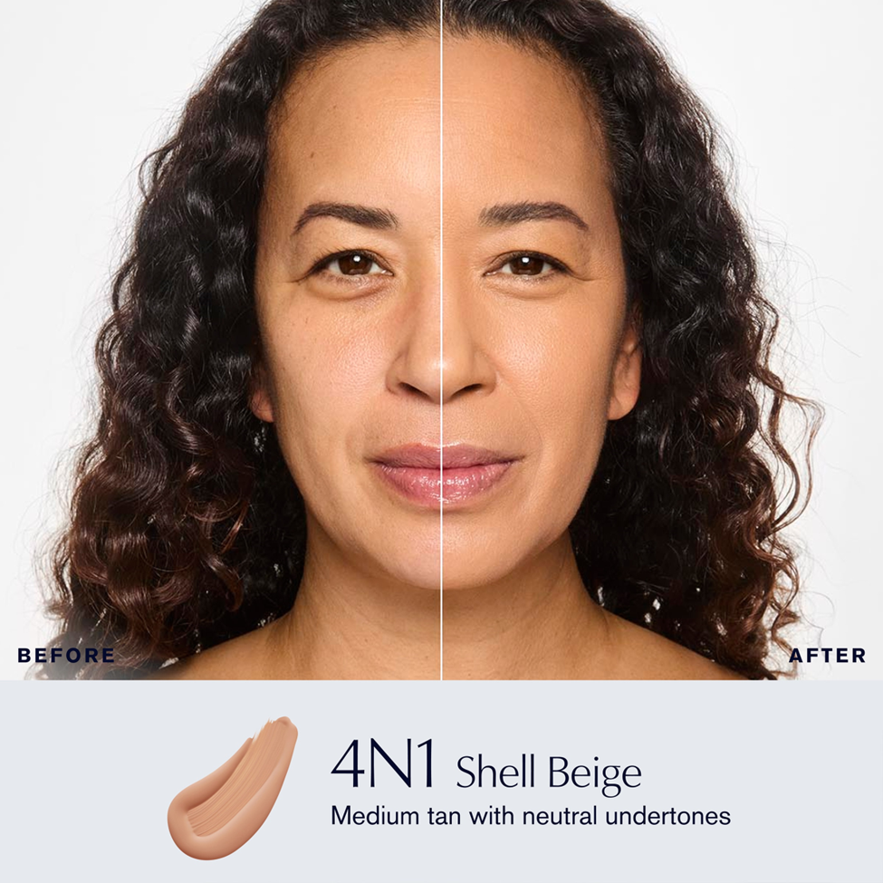 Before and after comparison of a woman's face with 4N1 Shell Beige makeup application.