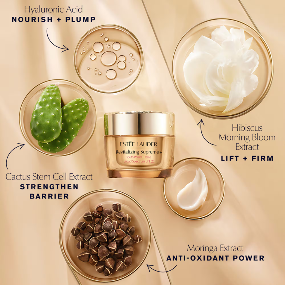Estée Lauder skincare product with ingredients on a beige background
