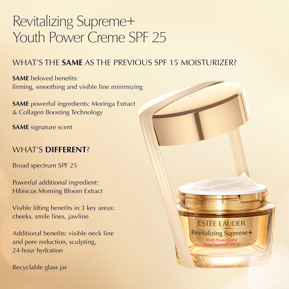Estée Lauder Revitalizing Supreme+ Youth Power Creme SPF 25 with product details on a beige background