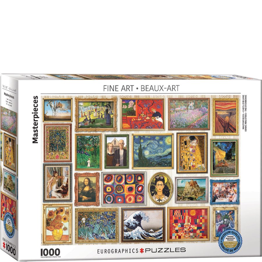 Eurographics Puzzles fine art collection packaging with various famous artworks.