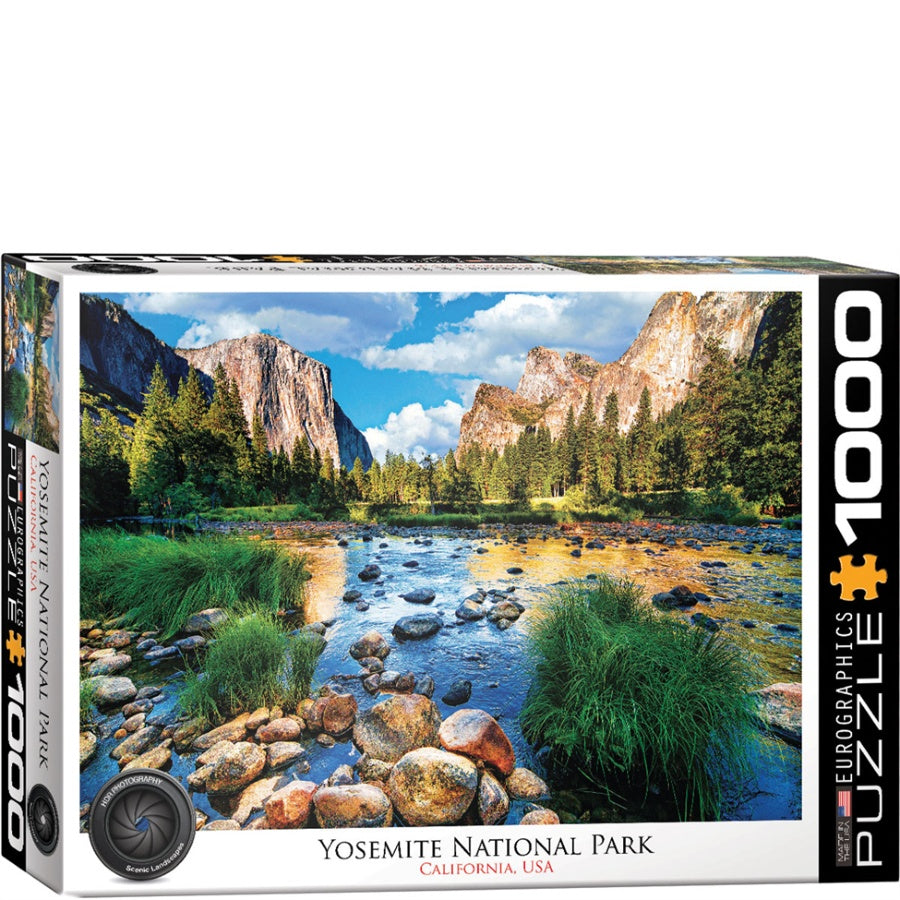 Jigsaw puzzle box featuring Yosemite National Park with mountains and river.