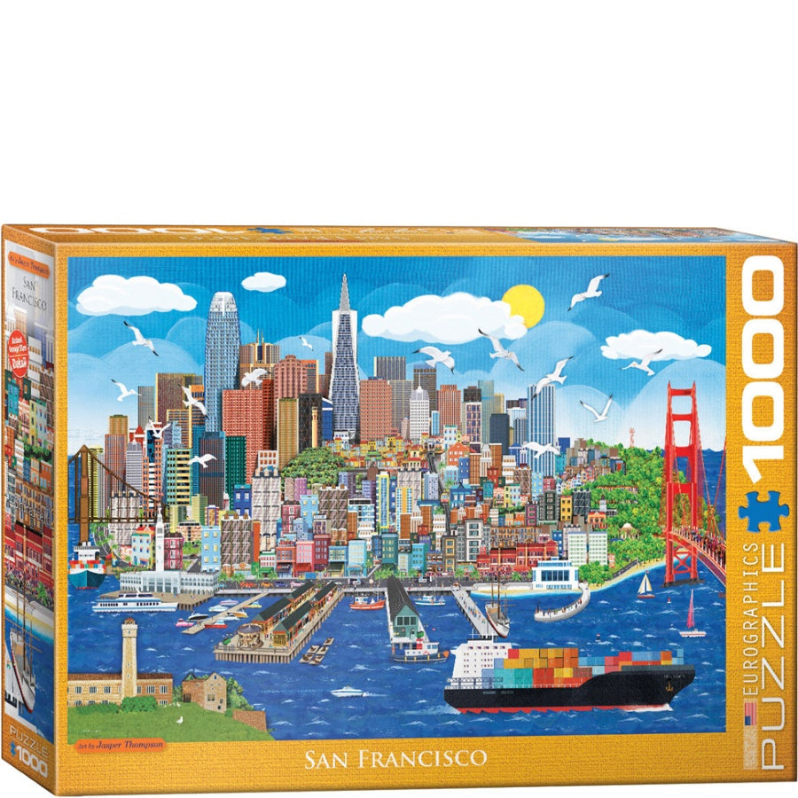 Puzzle box featuring a colorful illustration of San Francisco with the Golden Gate Bridge.