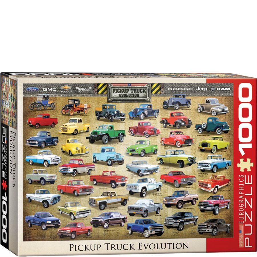 Jigsaw puzzle box featuring a grid of vintage pickup trucks with Eurographics branding.