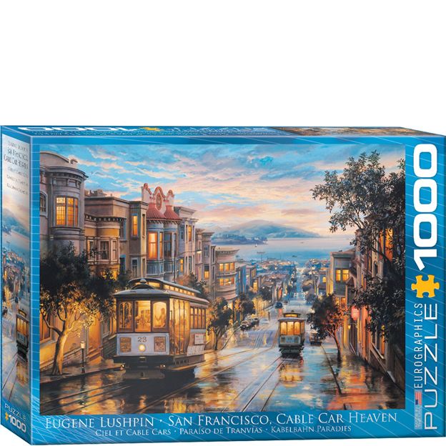Jigsaw puzzle box featuring a scenic view of San Francisco with cable cars.