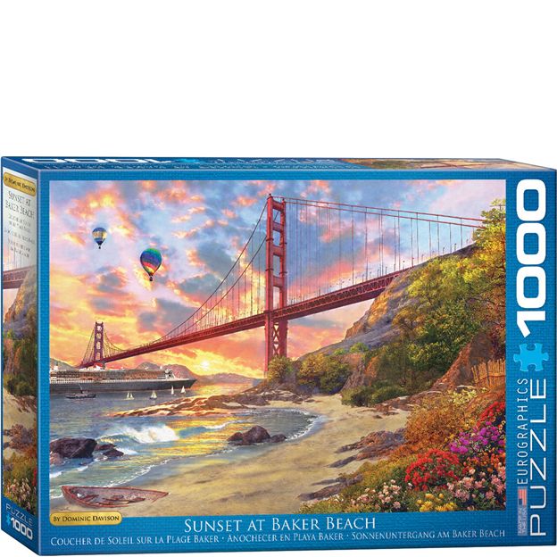 Jigsaw puzzle box featuring a scenic view of a bridge and beach with sunset, colorful balloons, and flowers.