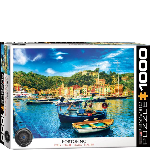 Jigsaw puzzle box featuring Portofino with boats and colorful buildings.
