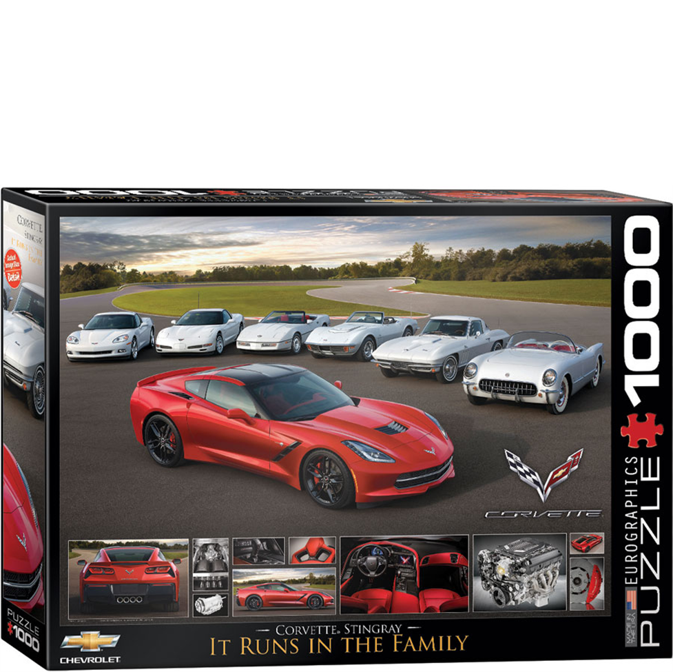 Jigsaw puzzle box featuring a red Corvette Stingray and other cars on a racetrack, with the Chevrolet logo.