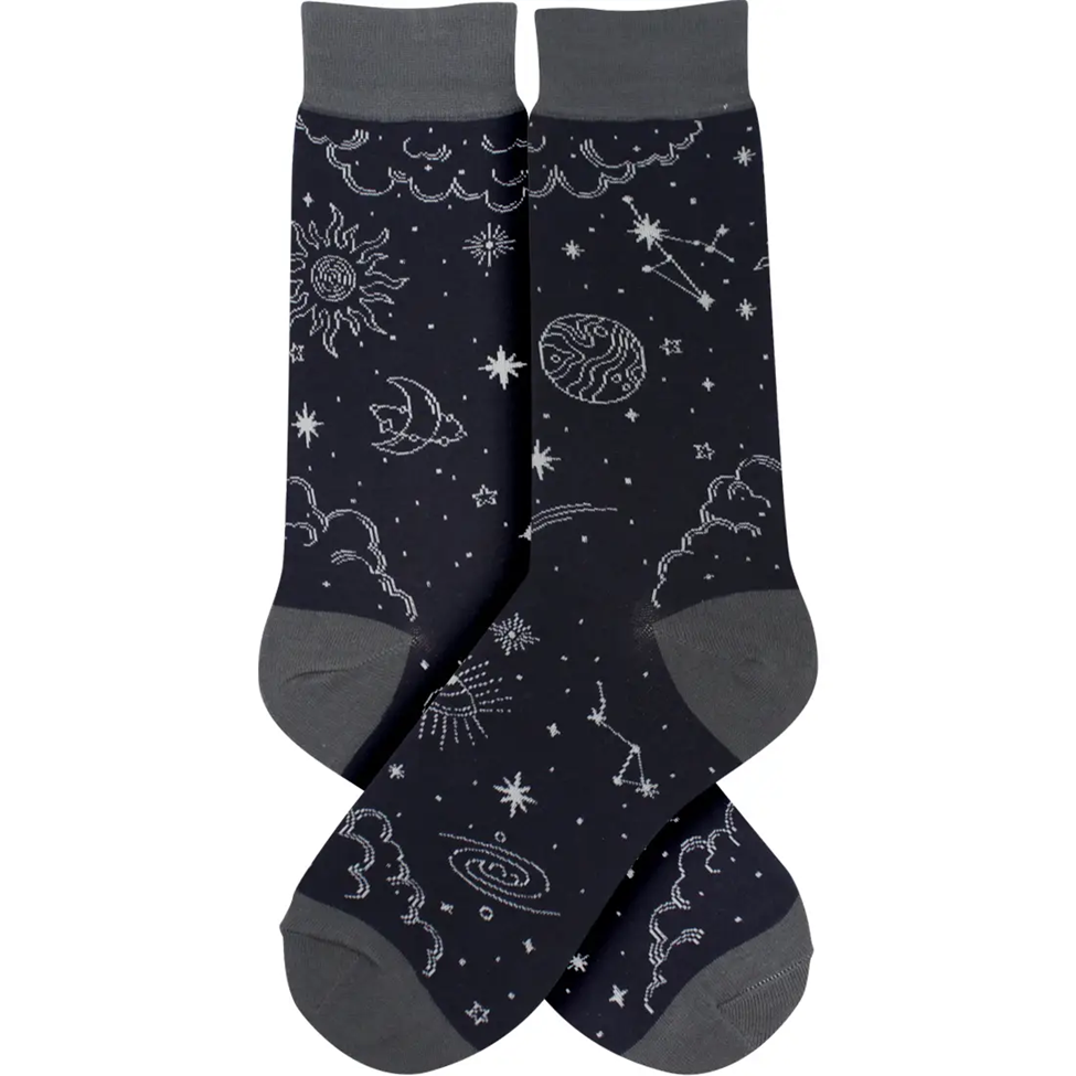 Pair of socks with celestial pattern on a white background