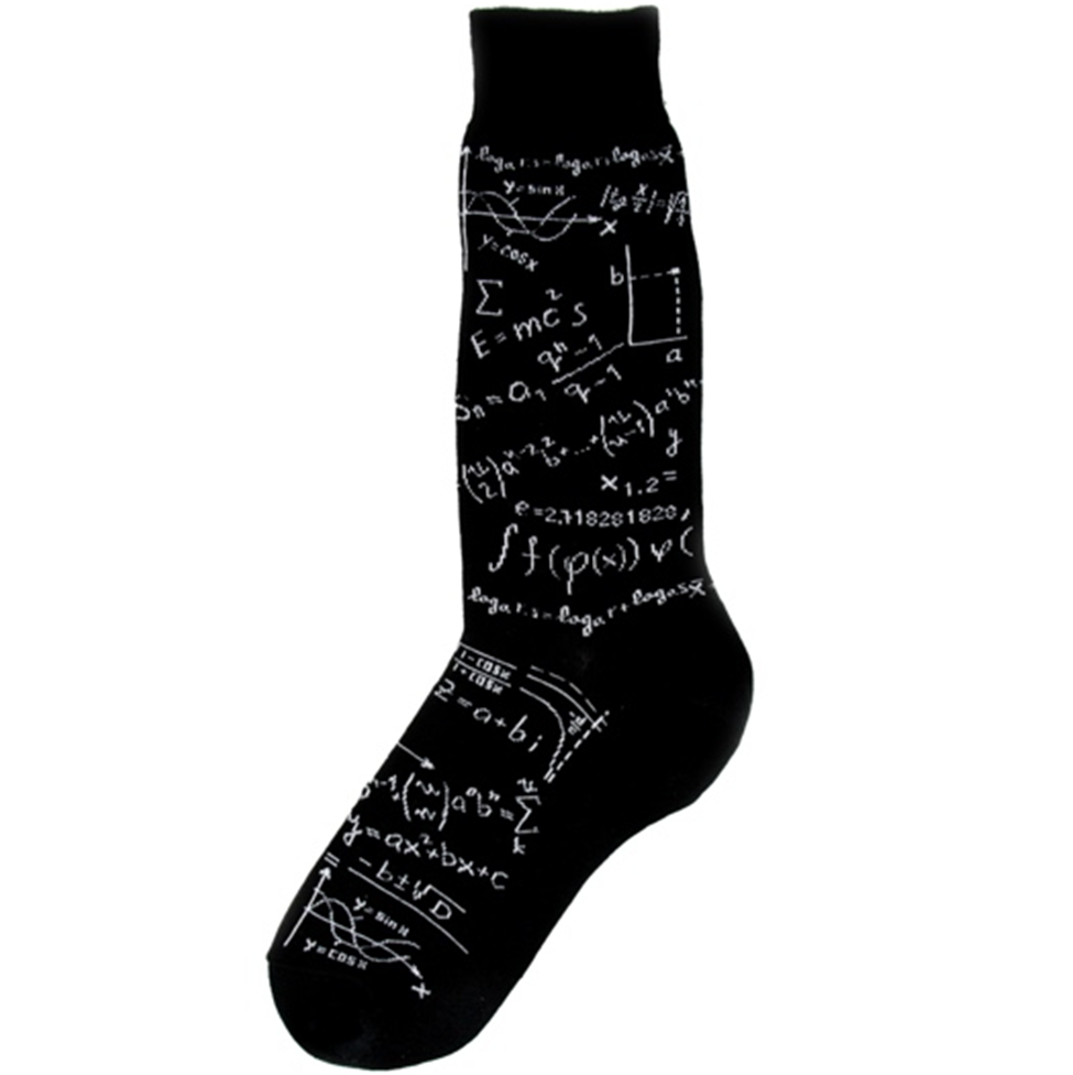 Black sock with white mathematical equations on a white background