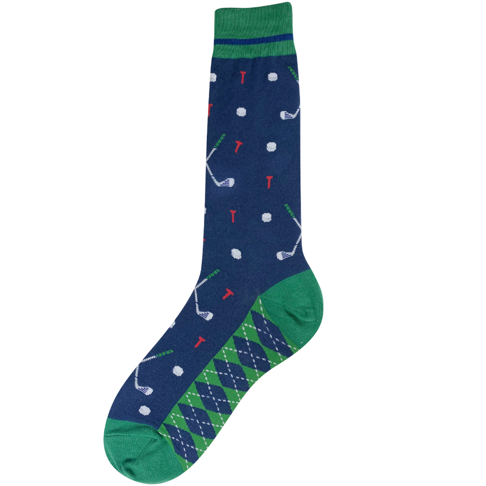 Navy sock with golf-themed pattern on a white background