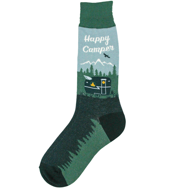 Sock with 'Happy Camper' design featuring a camper, trees, and mountains on a white background.