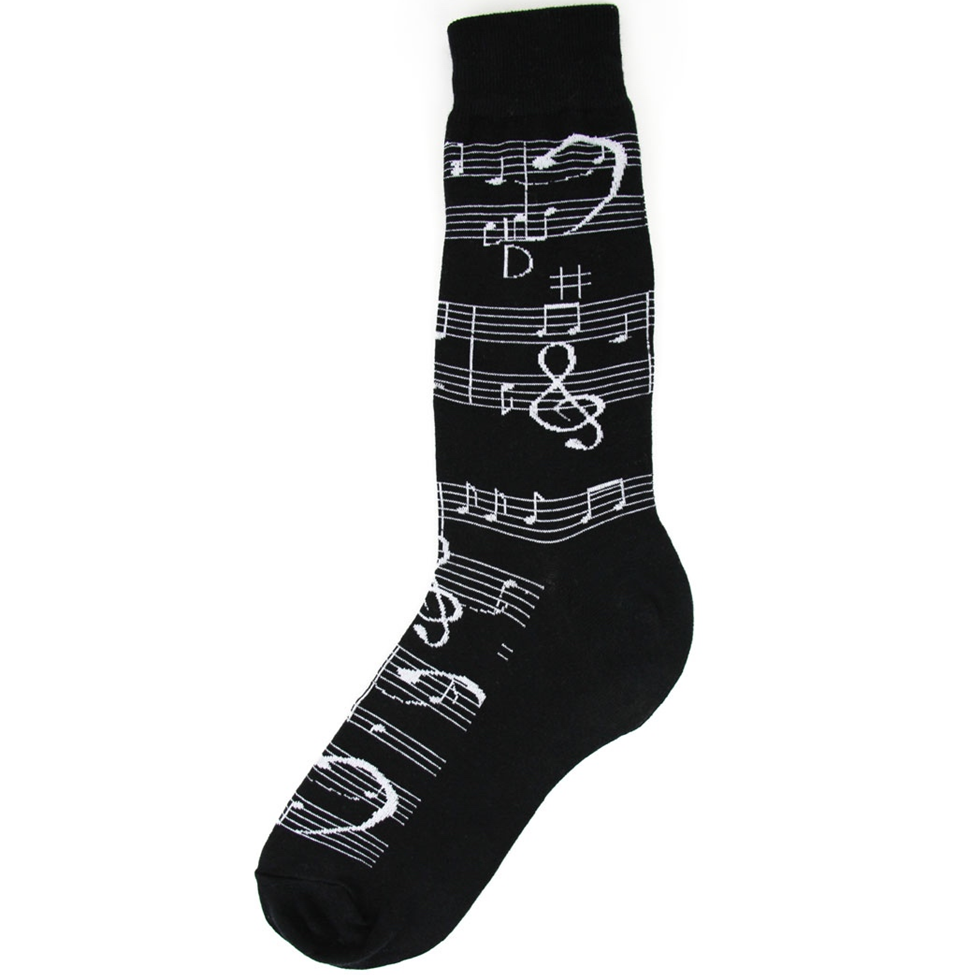 Black knee-high sock with white text on a white background