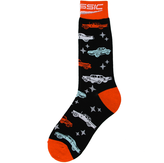 Sock with car pattern and orange accents on a white background