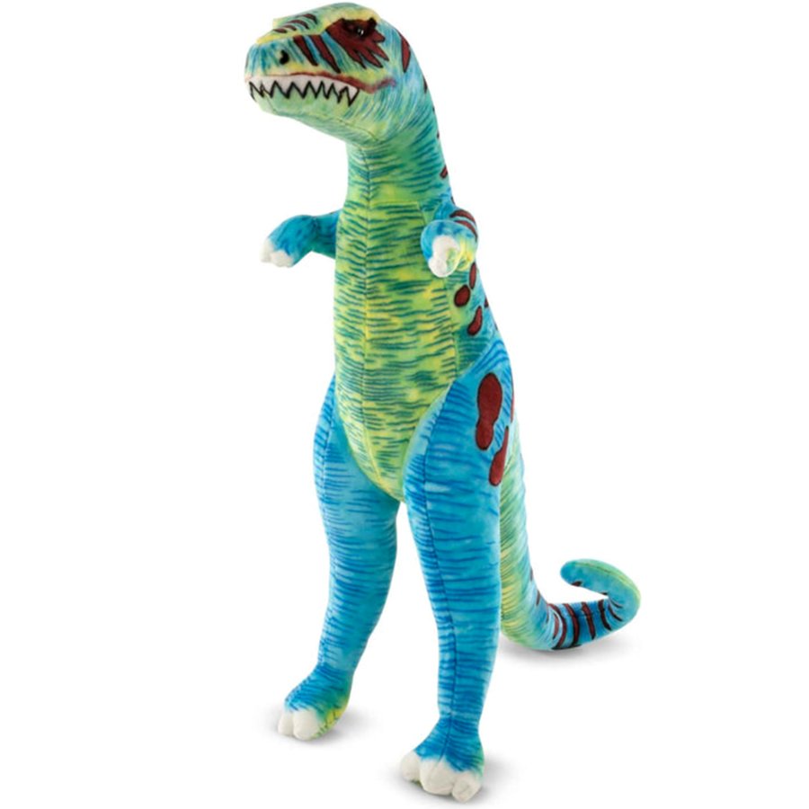 Plush dinosaur toy with blue and green pattern on a white background