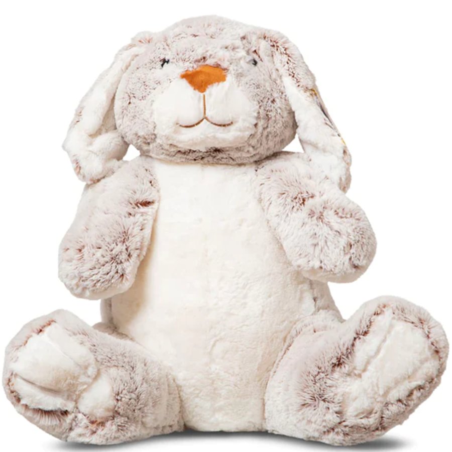 Plush rabbit toy with a white and beige color scheme on a white background