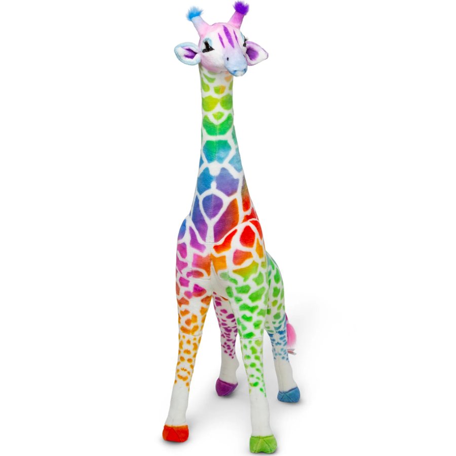 Colorful stuffed giraffe toy on a white background