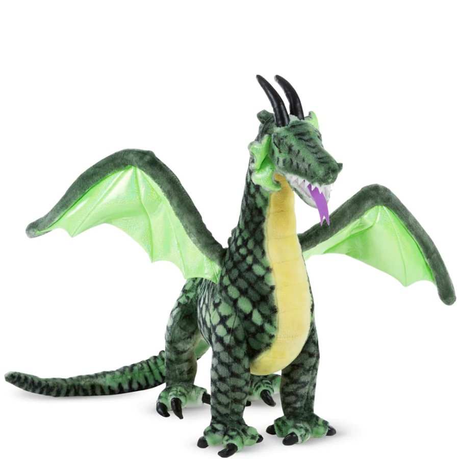 Plush dragon toy with green body, black wings, and purple tongue on a white background